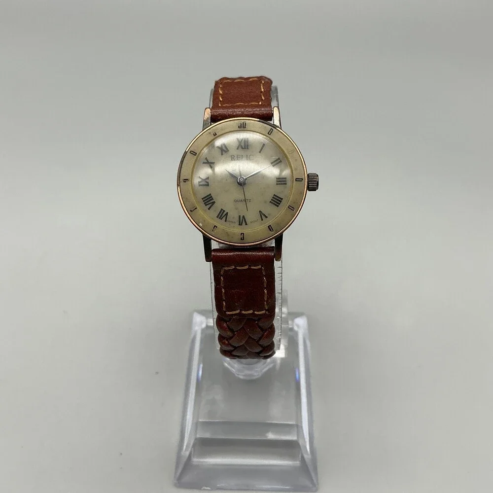Relic Womens Watch 25mm Gray Dial Gold Tone Brown Braided Leather New Battery
